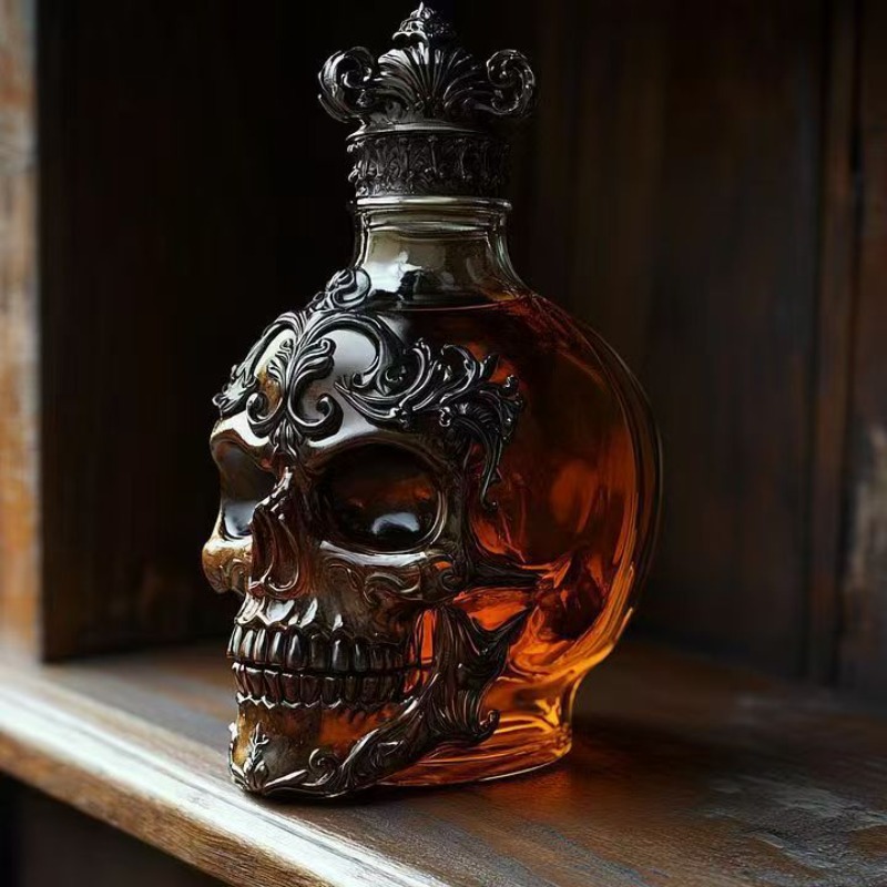 Wine Beer And Spirits - Gothic Skull Shaped Whiskey Decanter, Ornate